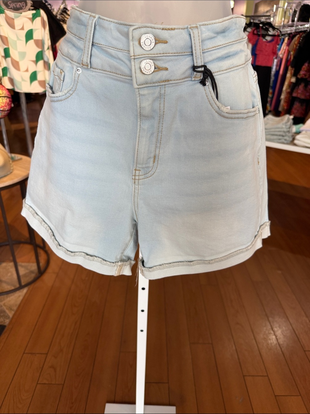 Zenana Outfitters Light Blue Double-Button Denim Shorts